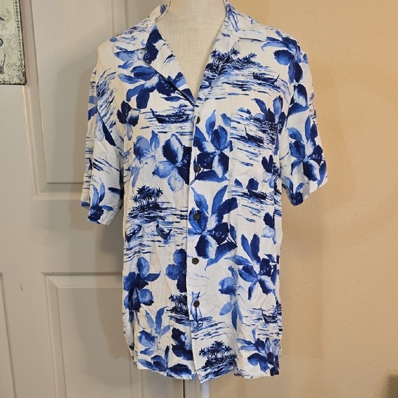 George Vintage Mens Hawaiian Tropical Floral Button Shirt Short Sleeve Blue M - Picture 2 of 6
